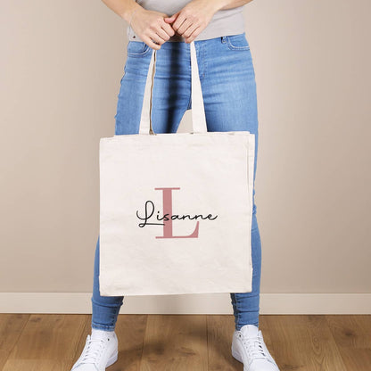 Rosa Initiale mit Name auf Baumwolltasche