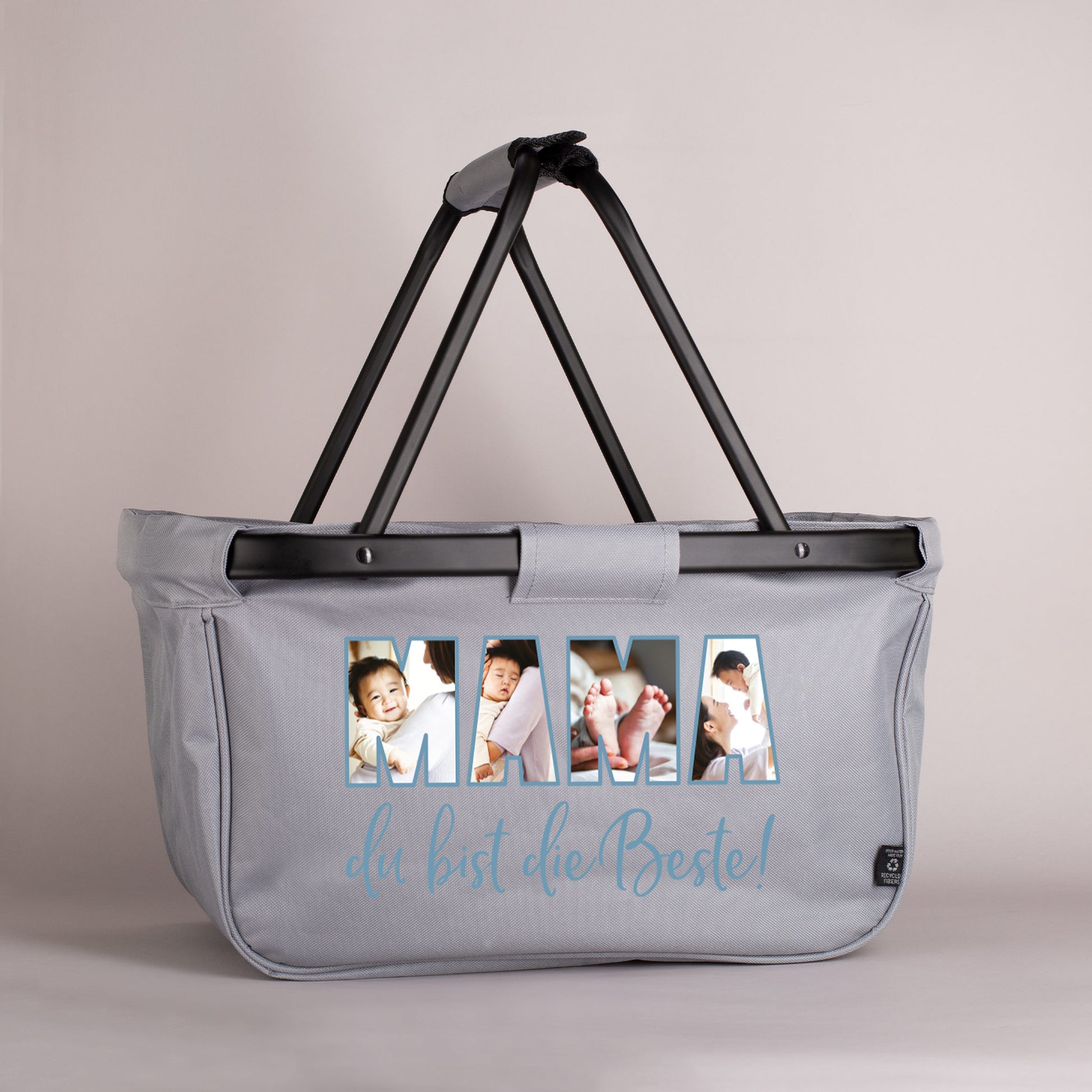 Detailansicht des Einkaufskorbs mit hochwertigem Druck von vier individuellen Fotos und recyceltem Obermaterial.