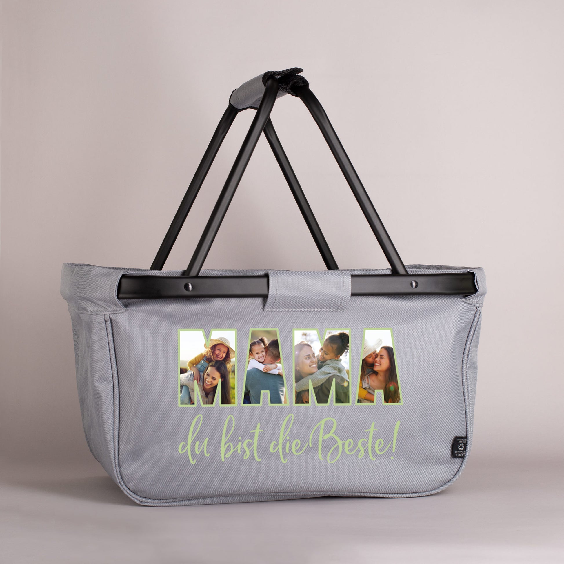 Personalisierter Einkaufskorb in Anthrazit mit vier eigenen Fotos und der Aufschrift „Mama, du bist die Beste!“ auf der Vorderseite.