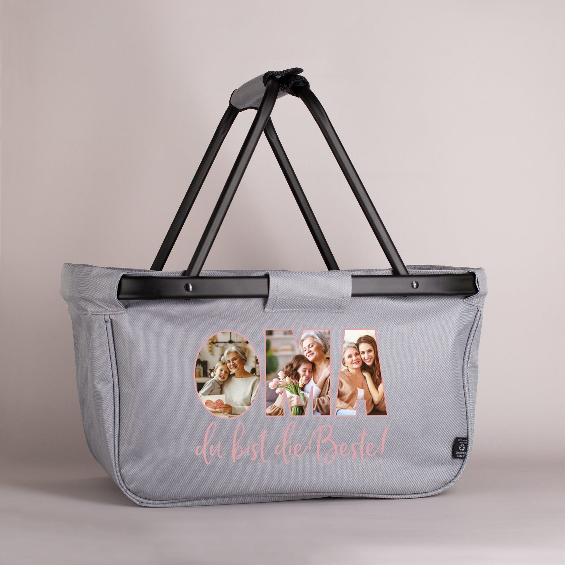 Einkaufskorb in Anthrazit mit stabilen Seitenwänden und personalisiertem Aufdruck für Oma.