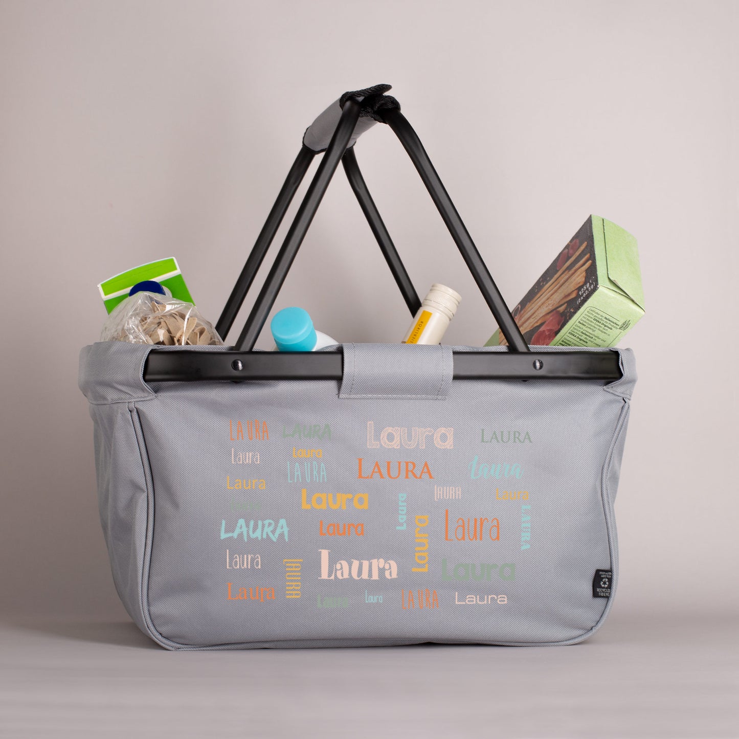 Grauer Einkaufskorb mit Ihrem Wunschnamen in verschiedenen Farben