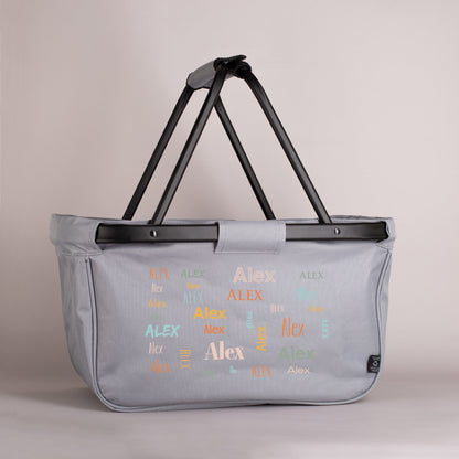 Grauer Einkaufskorb mit Ihrem Wunschnamen in verschiedenen Farben