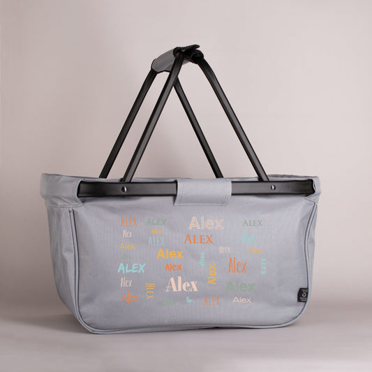 Grauer Einkaufskorb mit Ihrem Wunschnamen in verschiedenen Farben