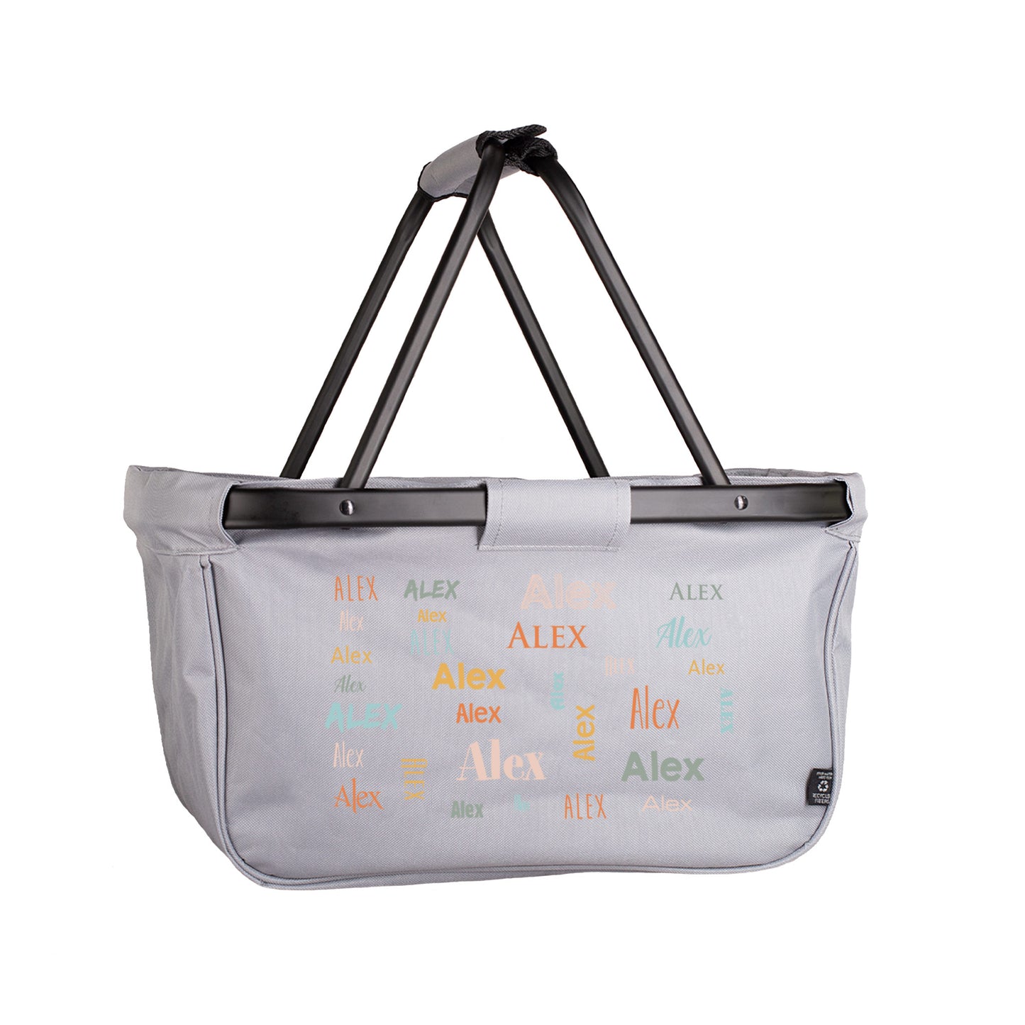 Grauer Einkaufskorb mit Ihrem Wunschnamen in verschiedenen Farben