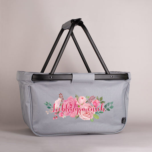 Praktischer Einkaufskorb mit Blumenbouquet und individuellem Aufdruck