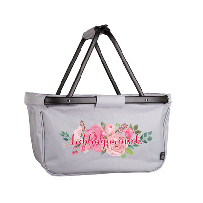 Praktischer Einkaufskorb mit Blumenbouquet und individuellem Aufdruck