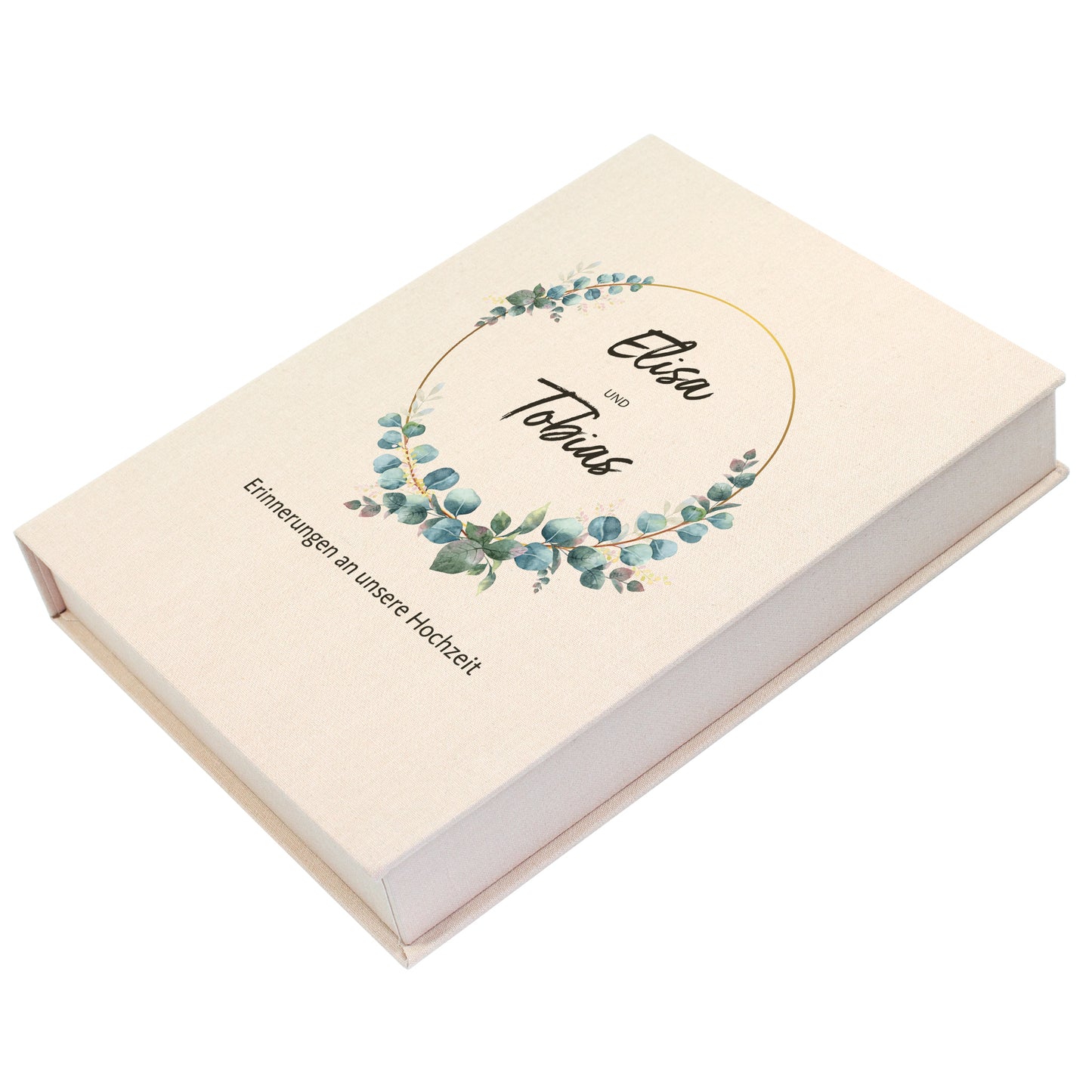 Handgefertigte Erinnerungsbox zur Hochzeit | Personalisierte Fotobox in Buch Form mit Eukalyptus Kranz