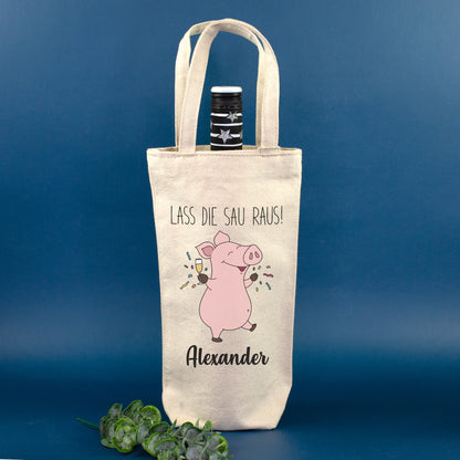 Lustige Flaschentasche mit Schwein Motiv und Name Alexander als Geburtstagsgeschenk
