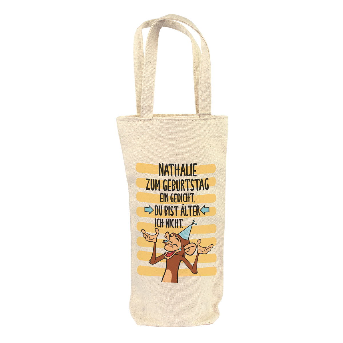 Freigestellte Flaschentasche aus Baumwolle mit Name Nathalie und Geburtstagsmotiv