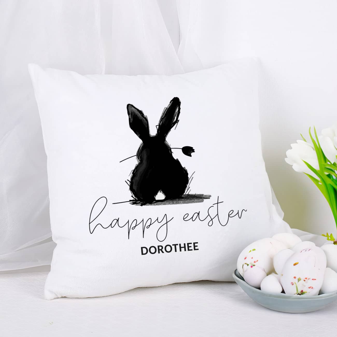 Happy Easter - Flauschkissen mit Osterhase & Wunschtext