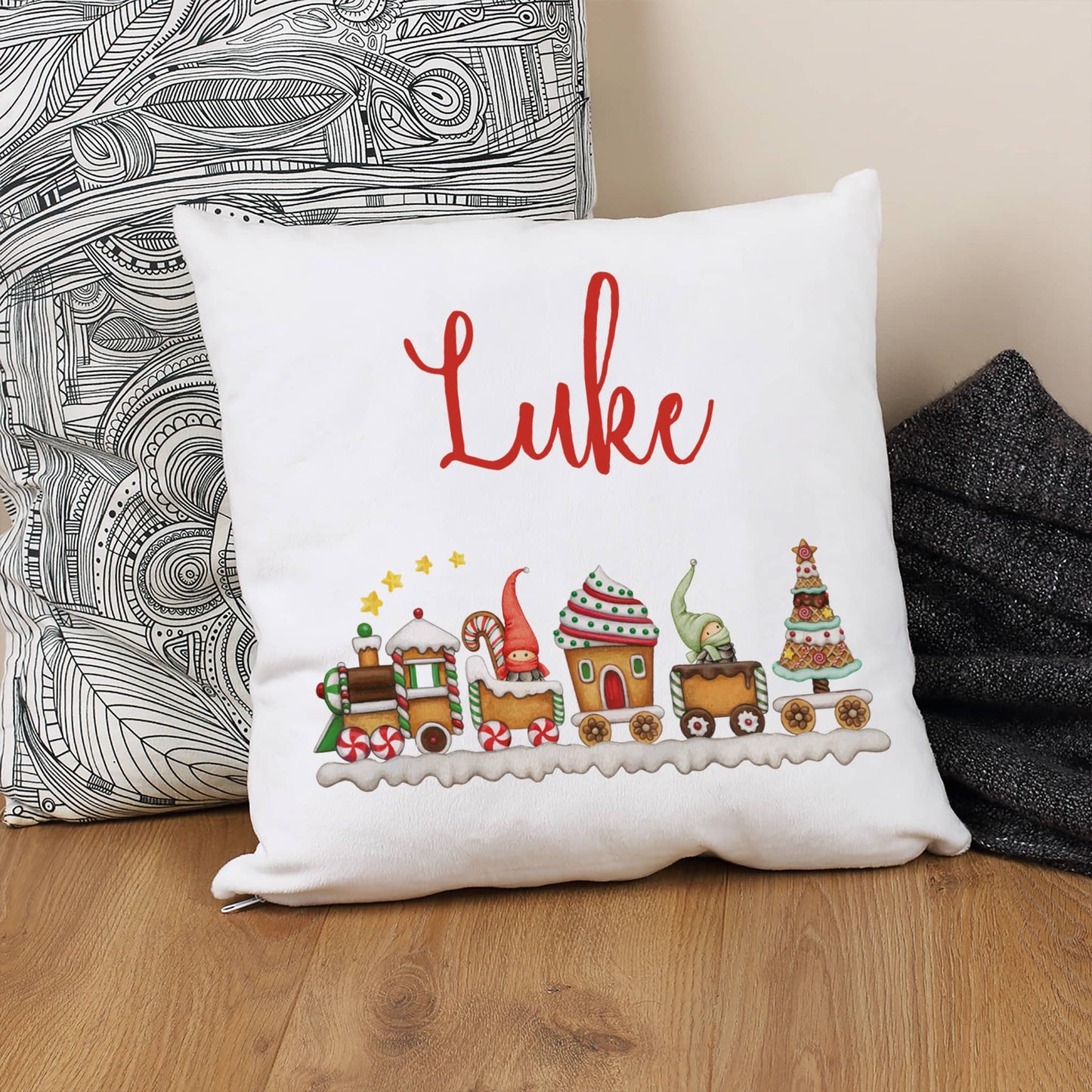 Flauschkissen für Kinder mit Wichtel Weihnachtszug und Name