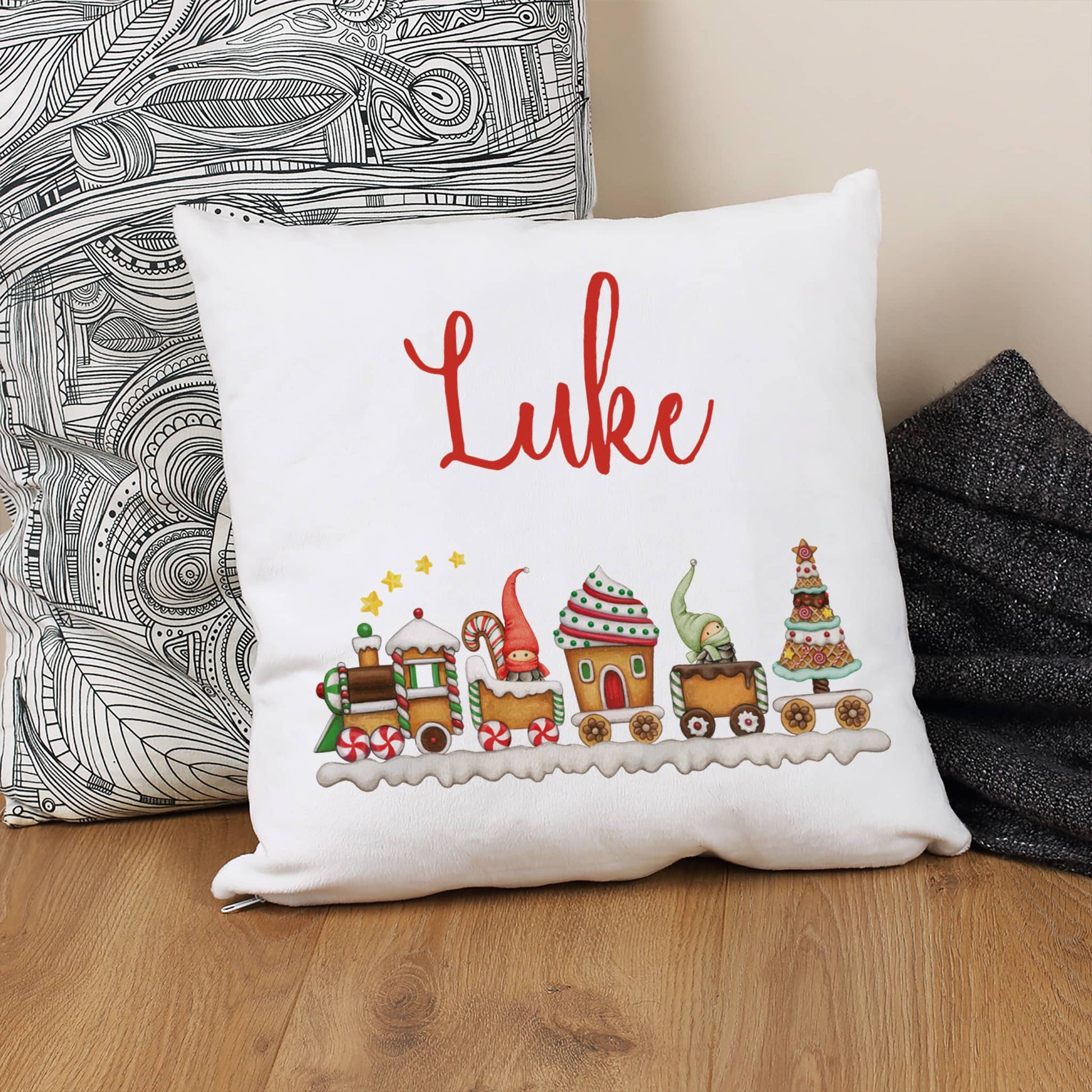 Flauschkissen für Kinder mit Wichtel Weihnachtszug und Name