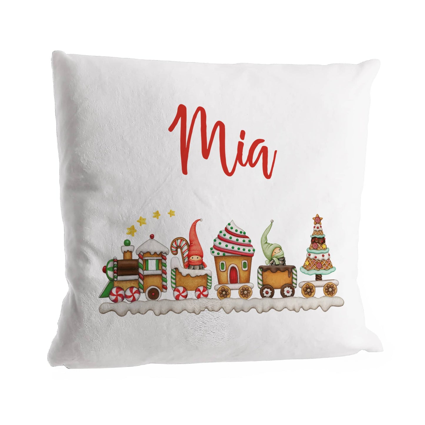 Flauschkissen für Kinder zu Weihnachten mit Wichtel Weihnachtszug Motiv und Name