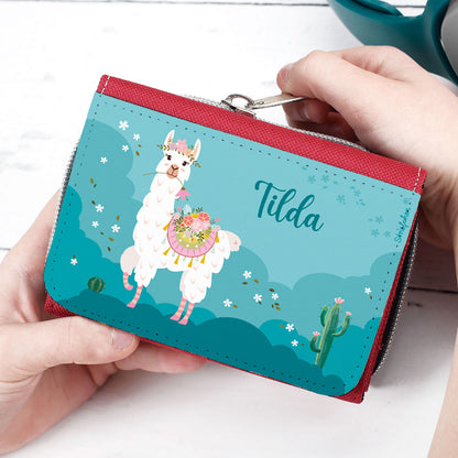 Kindergeldbörse mit Lama, bunten Blumen und Name