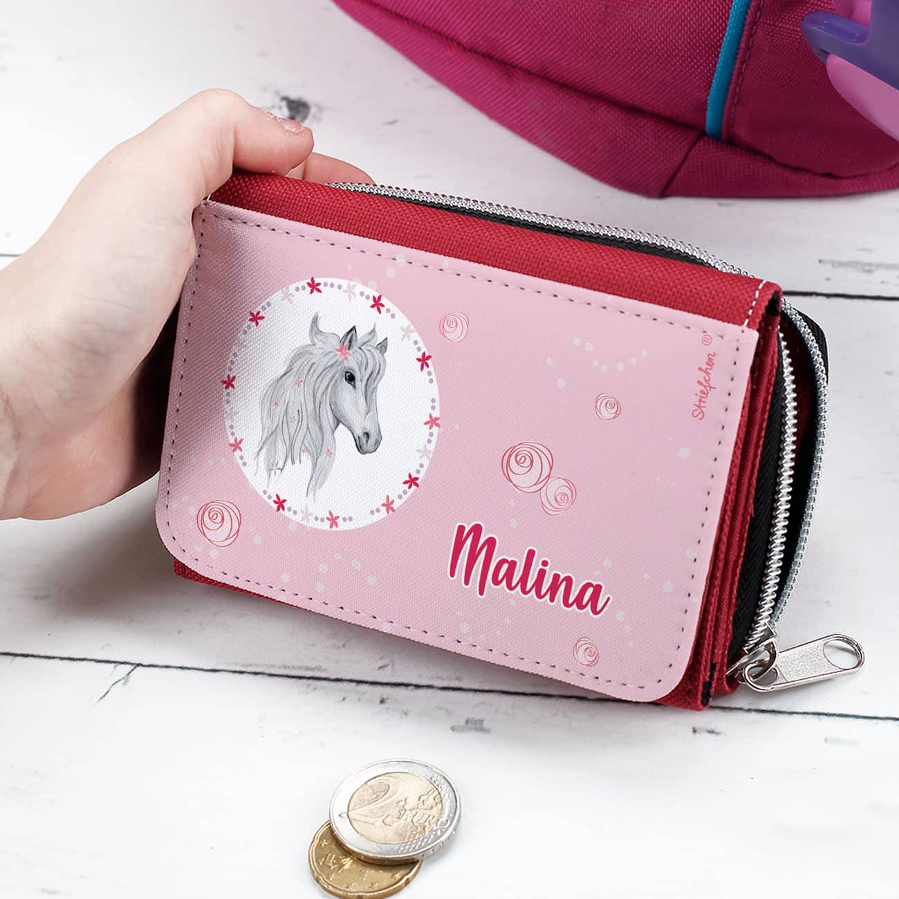 Kindergeldbörse mit Pferd, Blüten und Name