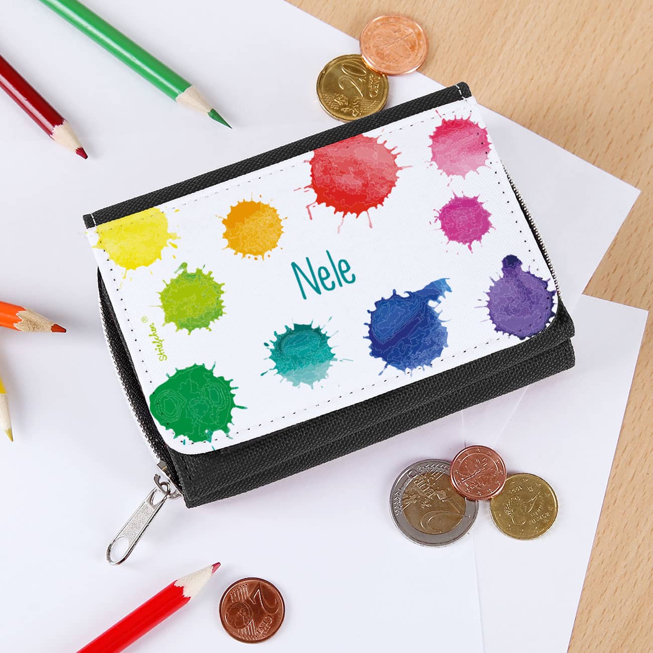 Geldbörse für Kinder mit bunten Farbklecksen und Name bedruckt