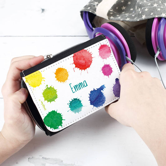 Kinder-Geldbörse zur Einschulung mit Watercolor-Farbklecksen und Name
