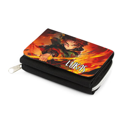 Persönliches Portemonnaie für Teenager mit Schwertkämpfer, Flammen und Name