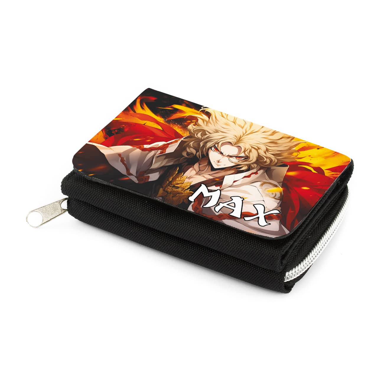Anime Geldbörse mit Flammenkrieger und Name bedruckt