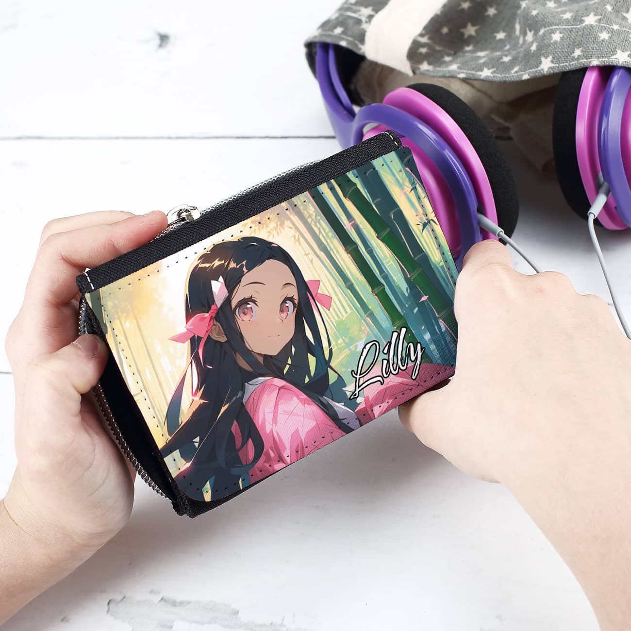 Anime Geldbörse mit Mädchen in pinken Kimono und einem Namen Ihrer Wahl