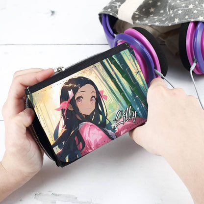 Anime Geldbörse mit Mädchen in pinken Kimono und einem Namen Ihrer Wahl