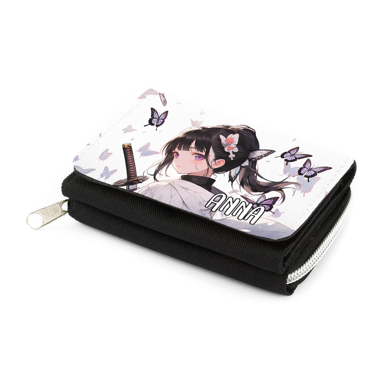 Schwarze Portemonnaie mit Schwertkämpferin und Ihrem Wunschnamen bedruckt