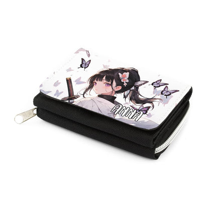 Schwarze Portemonnaie mit Schwertkämpferin und Ihrem Wunschnamen bedruckt