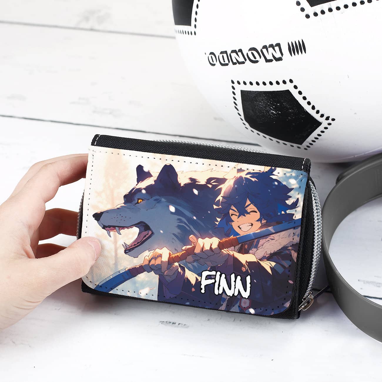 Portemonnaie für Anime-Fans mit Katana-Kämpfer, Wolf und Name bedruckt