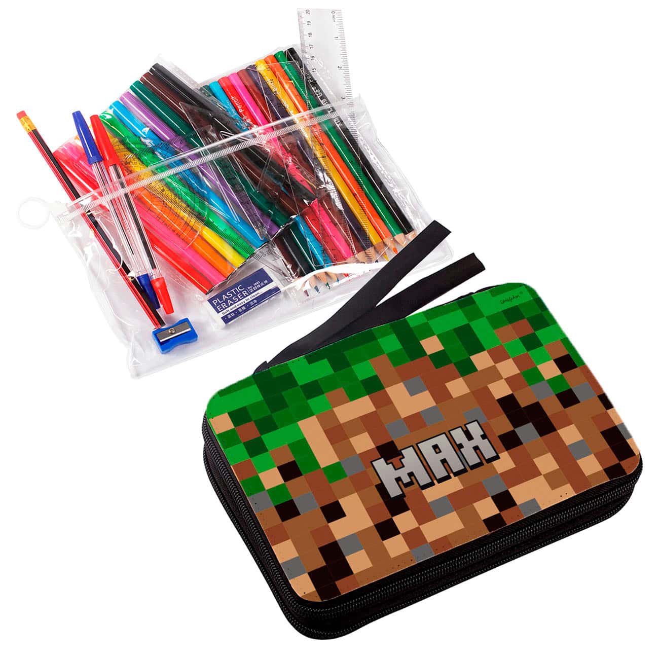 Federmappe für Minecraft-Fans mit Pixelmotiv und Name