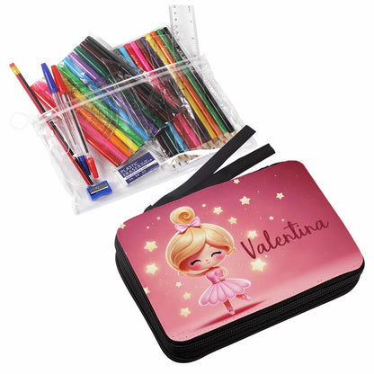 Gefüllte Federmappe mit Ballerina-Motiv und Name bedruckt