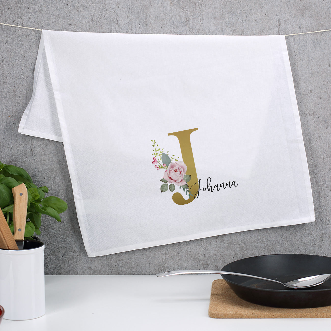 Geschirrtuch mit Rosen-Monogramm und Name bedruckt