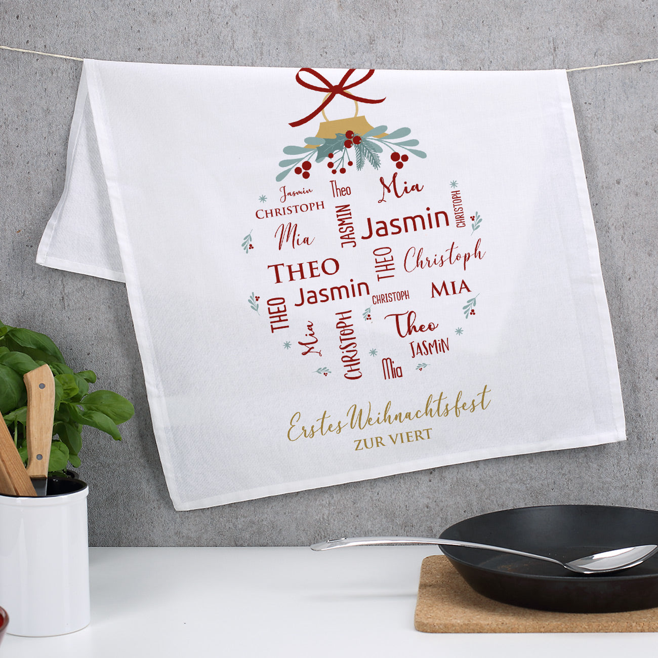 Geschirrtuch Weihnachten mit 4 Namen und Wunschtext