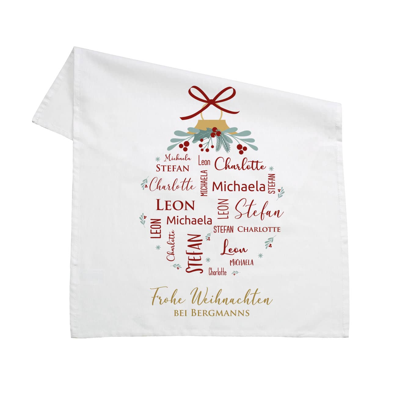 Weihnachts-Geschirrtuch mit vier Namen und Wunschtext 