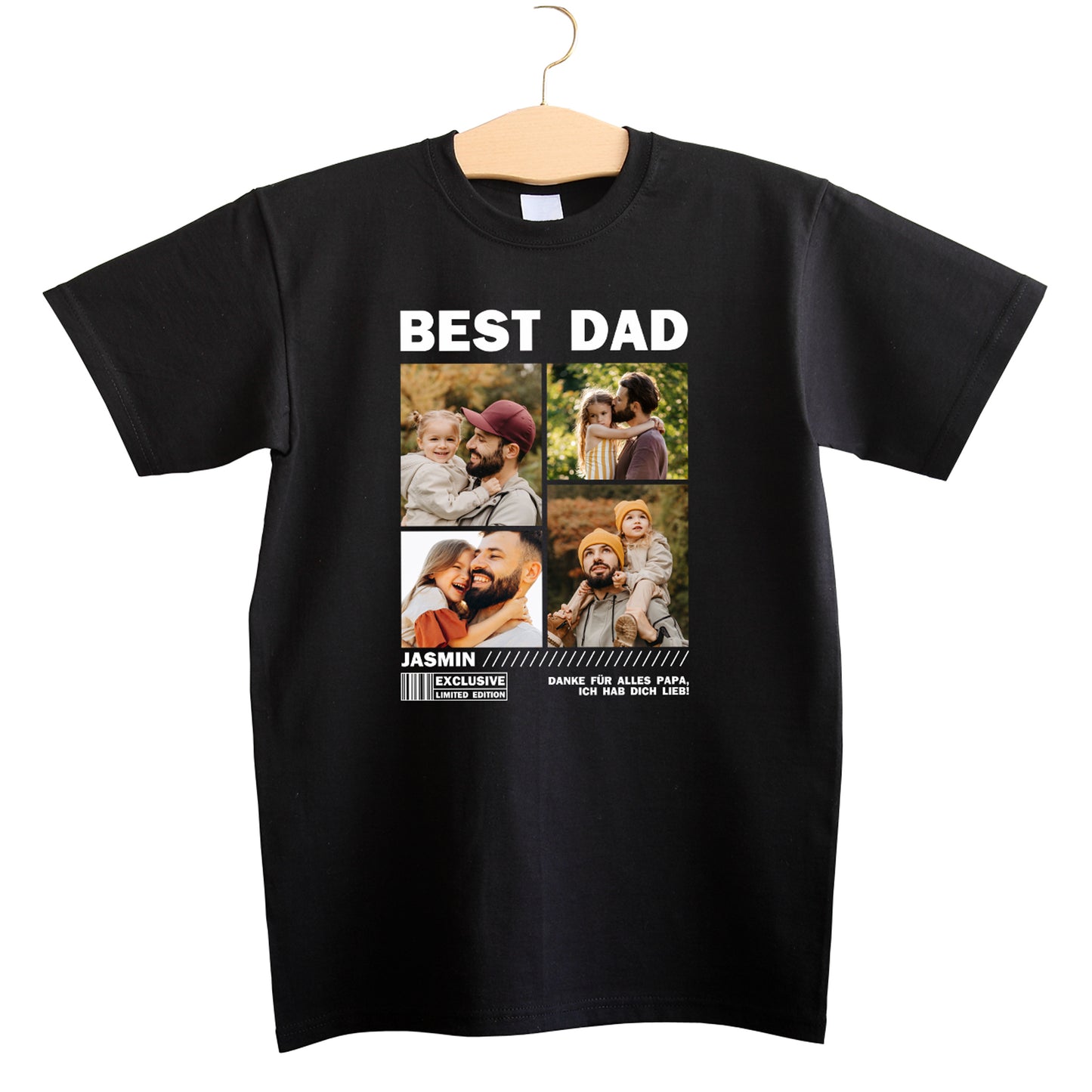 Freigestelltes T-Shirt mit Fotocollage und Aufschrift BEST DAD – individualisierbar mit Fotos und Wunschtext für Papa