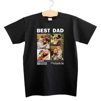 Freigestelltes T-Shirt mit Fotocollage und Aufschrift BEST DAD – individualisierbar mit Fotos und Wunschtext für Papa
