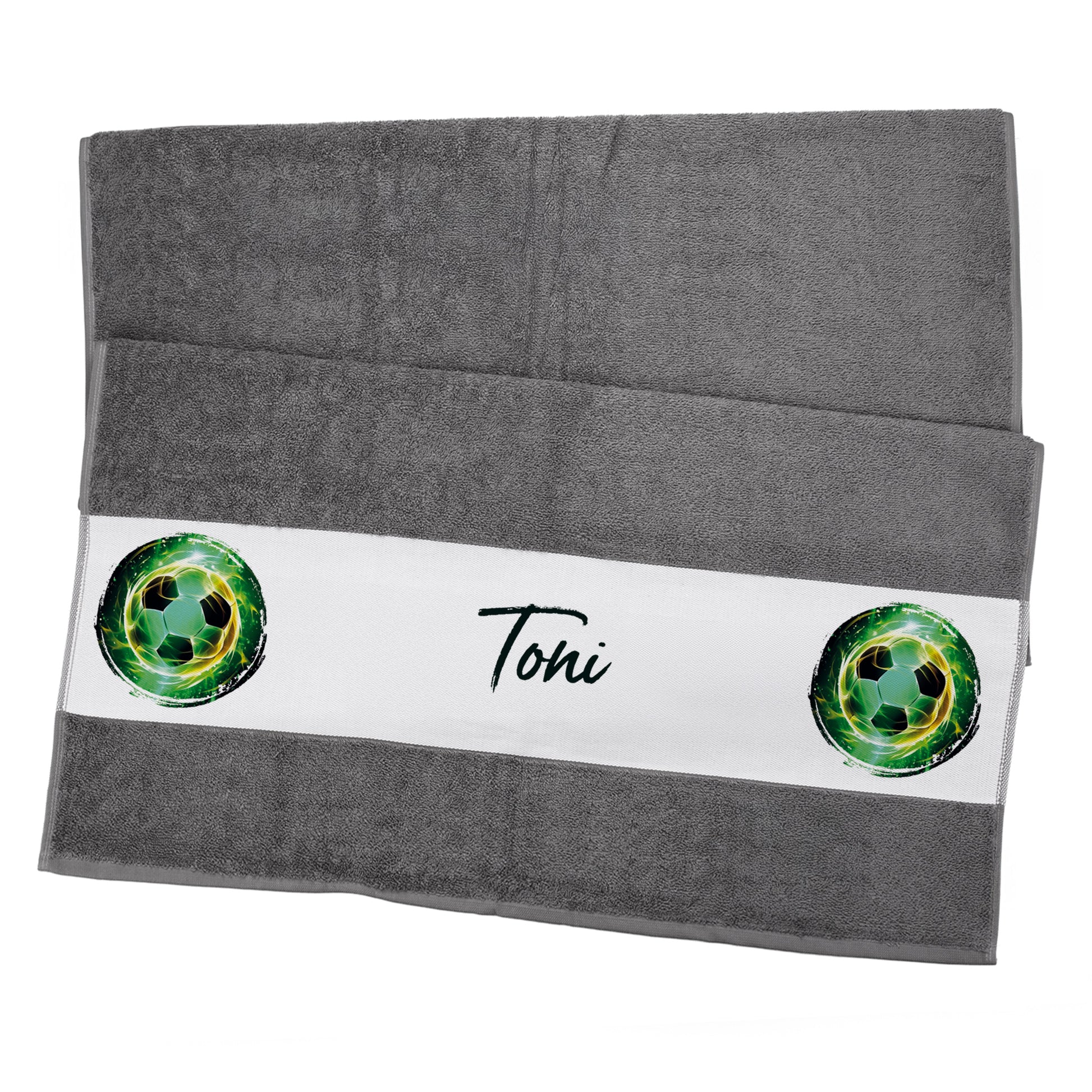 Anthrazitfarbenes Handtuch mit Fußballmotiv und Namensaufdruck „Toni“