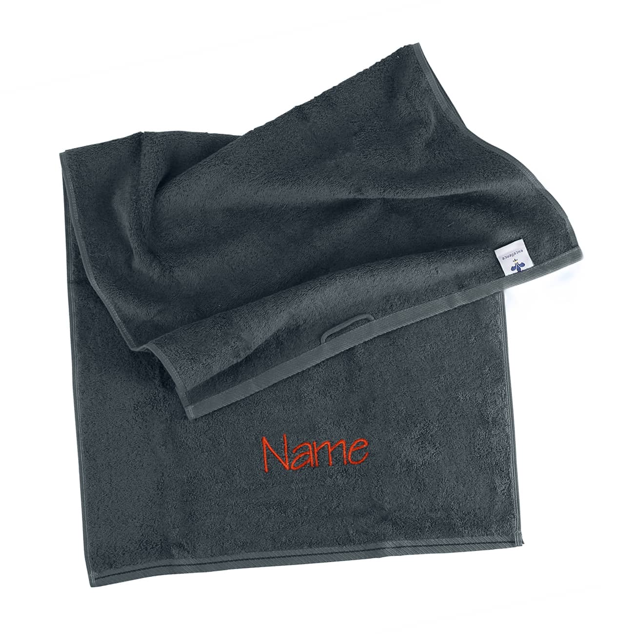 Handtuch in schiefergrau mit Name bestickt in orange