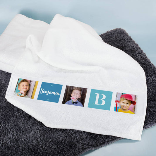 Foto-Handtuch für Jungen mit drei Bildern, Name und Initiale des Kindes