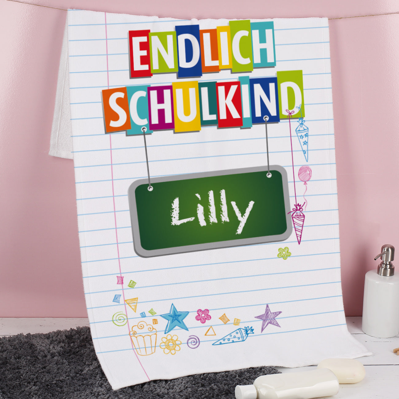 Endlich Schulkind - Handtuch mit Name zum Schulanfang