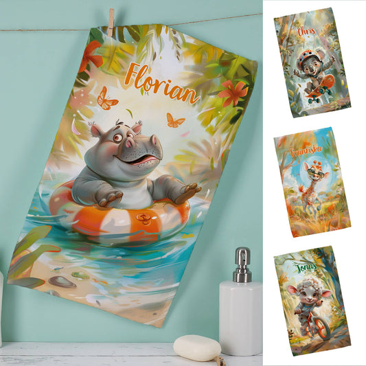Cooles Handtuch mit verschiedenen Tieren bei Sommeraktivitäten und Name bedruckt