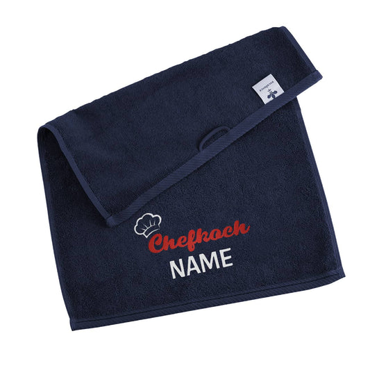 Dunkelblaues Handtuch - Chefkoch mit Name 30x50cm