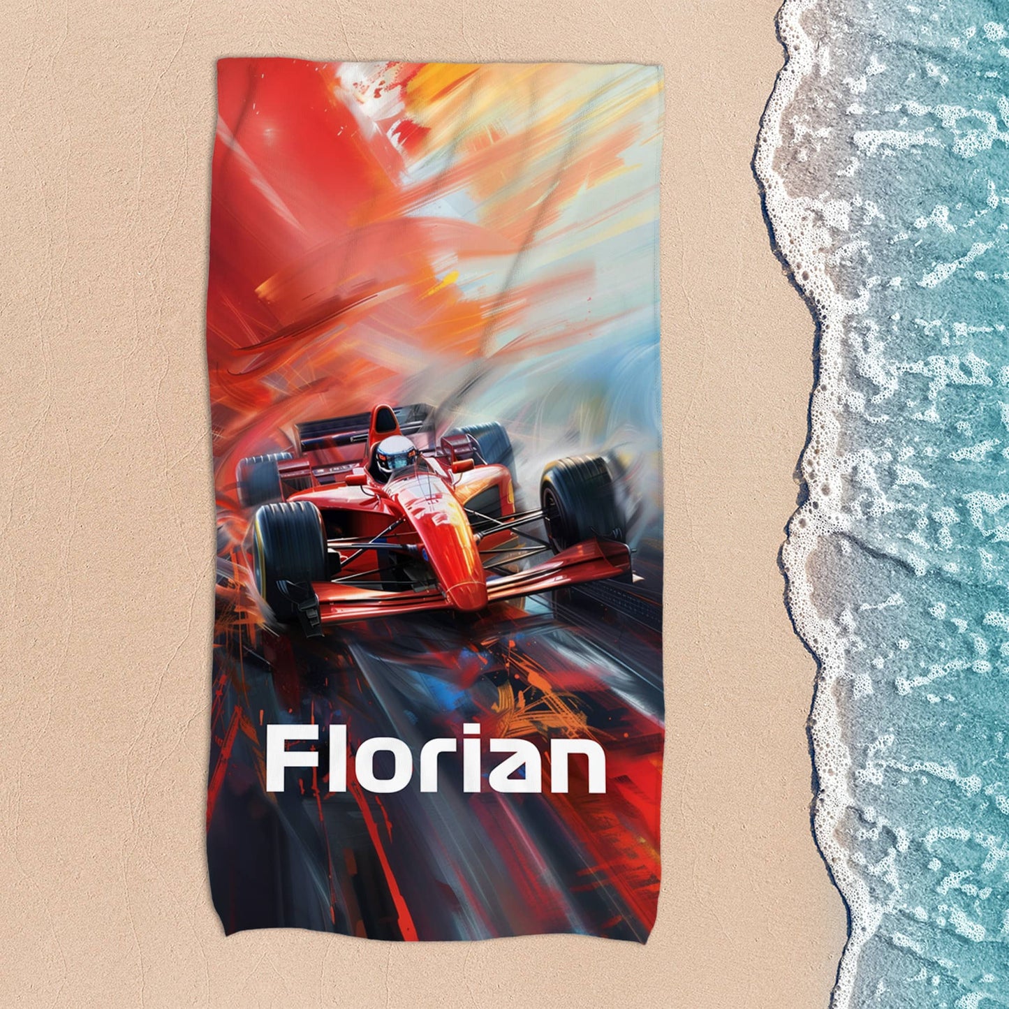 Handtuch mit Rennwagen in 3 Größen mit Wunschname bedruckt