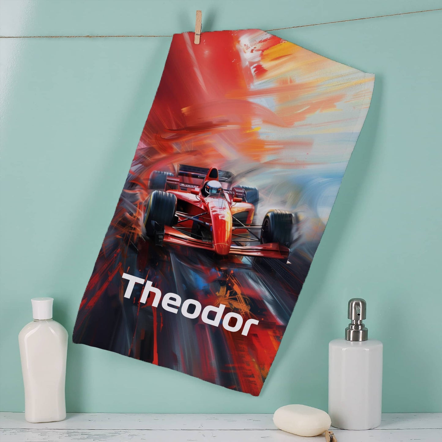 Handtuch mit Rennwagen in 3 Größen mit Wunschname bedruckt