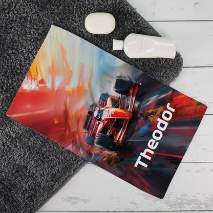 Handtuch mit Rennwagen in 3 Größen mit Wunschname bedruckt