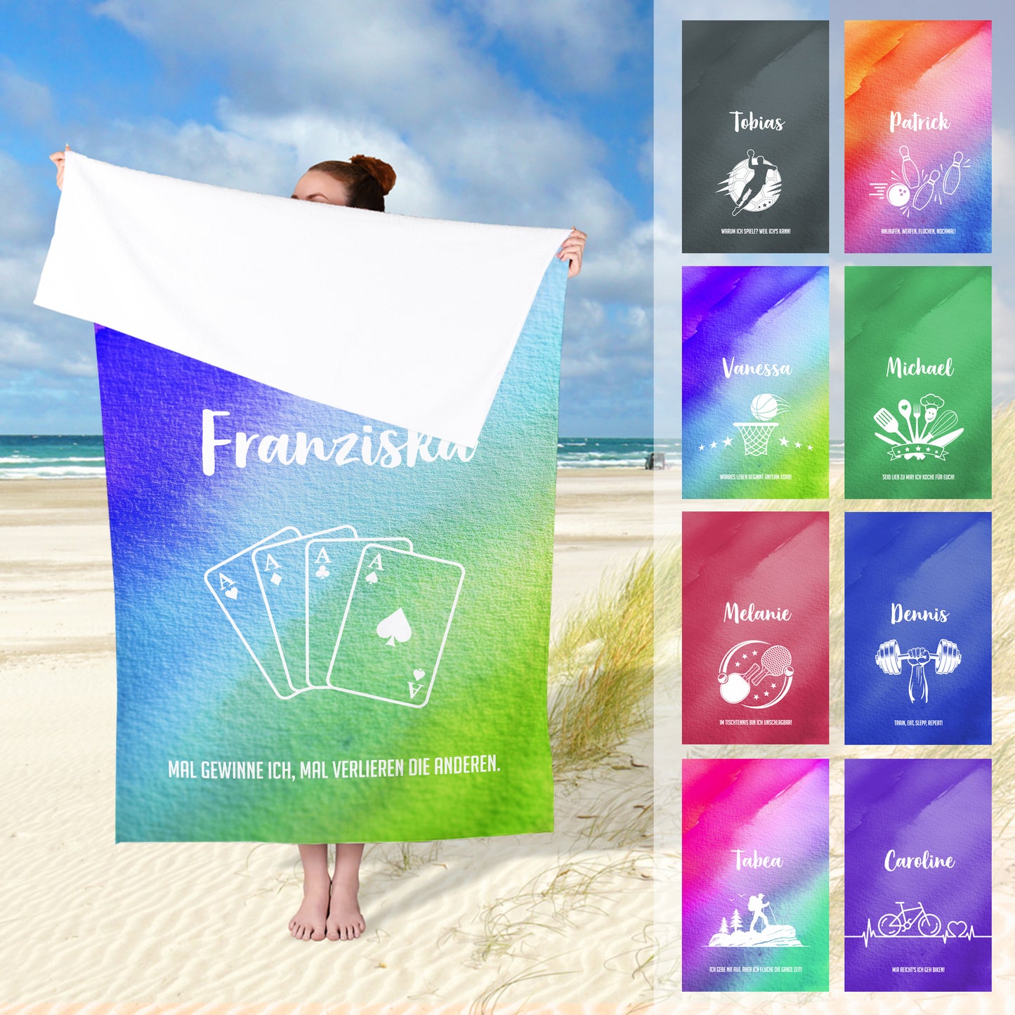 Verschiedene personalisierte Handtücher in mehreren Größen und mit unterschiedlichen Hobby-Motiven, Namen und Wunschtexten nebeneinander dargestellt.