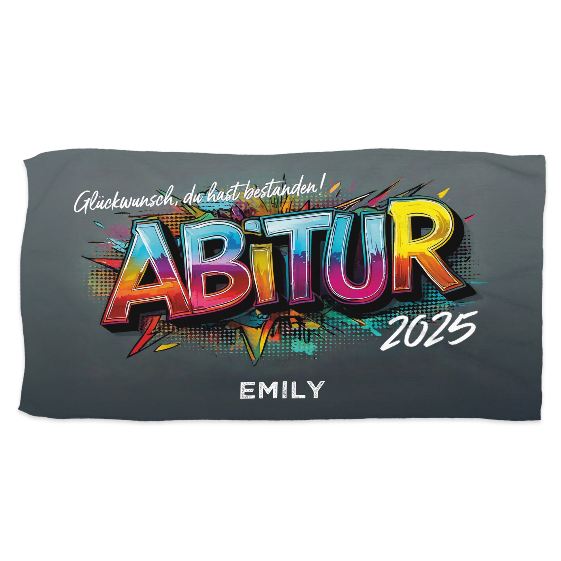 Weißes Abitur-Handtuch mit buntem Druck, freigestellt auf weißem Hintergrund – ideal für den Onlineshop.