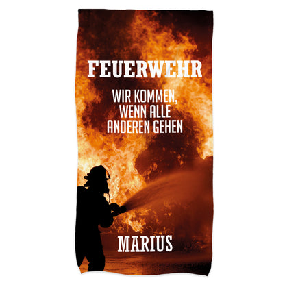 Feuerwehr Handtuch mit Spruch, Flammenmotiv, Feuerwehr-Silhouette und personalisiertem Namen Marius