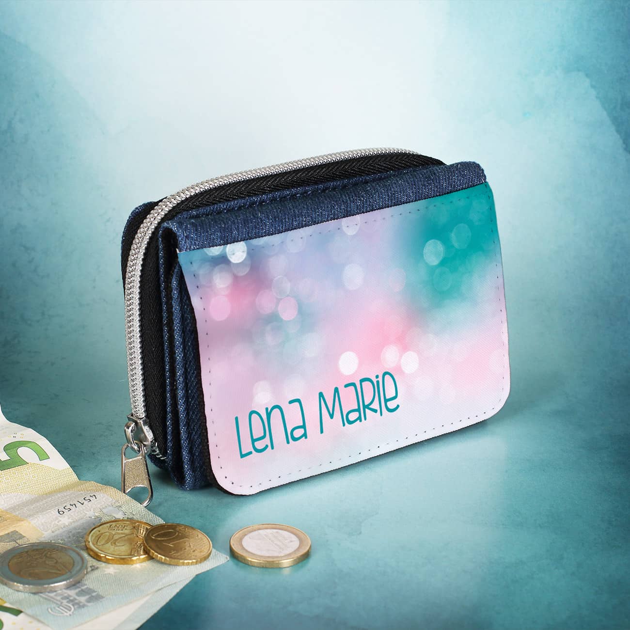 Geldbörse für Kinder im Jeanslook mit Name und Watercolor Motiv