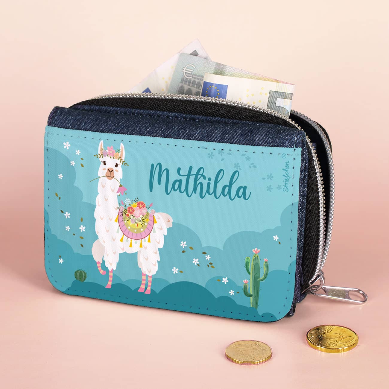 Lama Geldbörse in Jeansblau mit Name