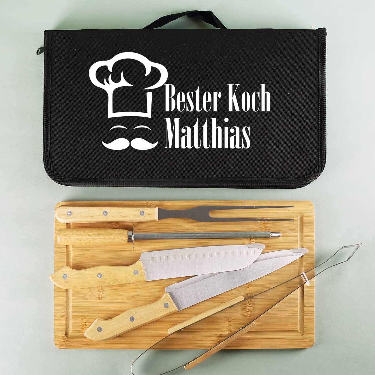 Kochbesteck in personalisierter Tasche mit personalisiertem Druck